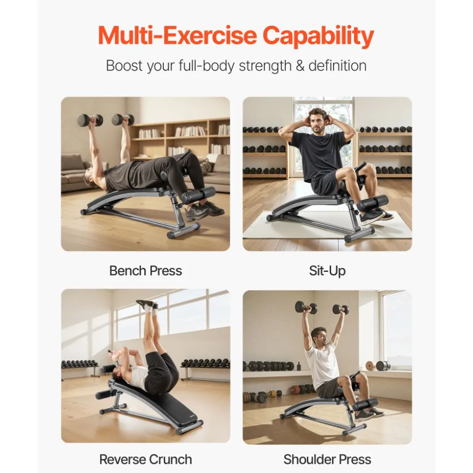 VEVOR Sit Up Bench, Curved Decline Ab Bench with Reverse Crunch Handle, with 6 Adjustable Height Setting, Heavy Duty Steel, 600 Lbs Capacity for Home Gym Workouts, Strength Training, Full Body Muscles