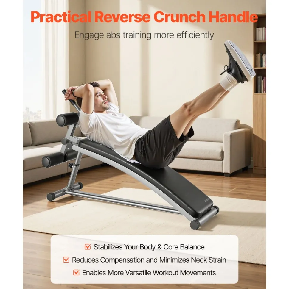 VEVOR Sit Up Bench, Curved Decline Ab Bench with Reverse Crunch Handle, with 6 Adjustable Height Setting, Heavy Duty Steel, 600 Lbs Capacity for Home Gym Workouts, Strength Training, Full Body Muscles