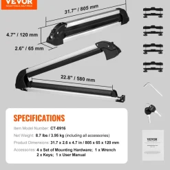 VEVOR Ski and Snowboard Roof Rack, 31.7-Inch Universal Ski Rack for Car Roof Fit Most Crossbars, Carry up to 6 Pairs of Skis or 4 Snowboards, Aluminum Snowboard Ski Rack with Lock & Rubber Padding