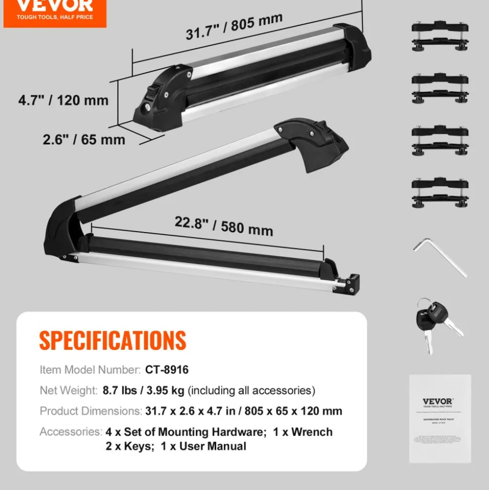 VEVOR Ski and Snowboard Roof Rack, 31.7-Inch Universal Ski Rack for Car Roof Fit Most Crossbars, Carry up to 6 Pairs of Skis or 4 Snowboards, Aluminum Snowboard Ski Rack with Lock & Rubber Padding