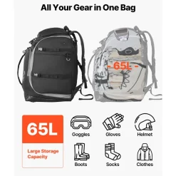 VEVOR Ski Boot Bag, 65L, Snowboard Boots Travel Backpack for Men Women, with Waterproof Exterior & Bottom, Durable 1680D Oxford, Bag for Skis, Snowboard, Helmet, Goggles, Gloves, Accessories (Black).