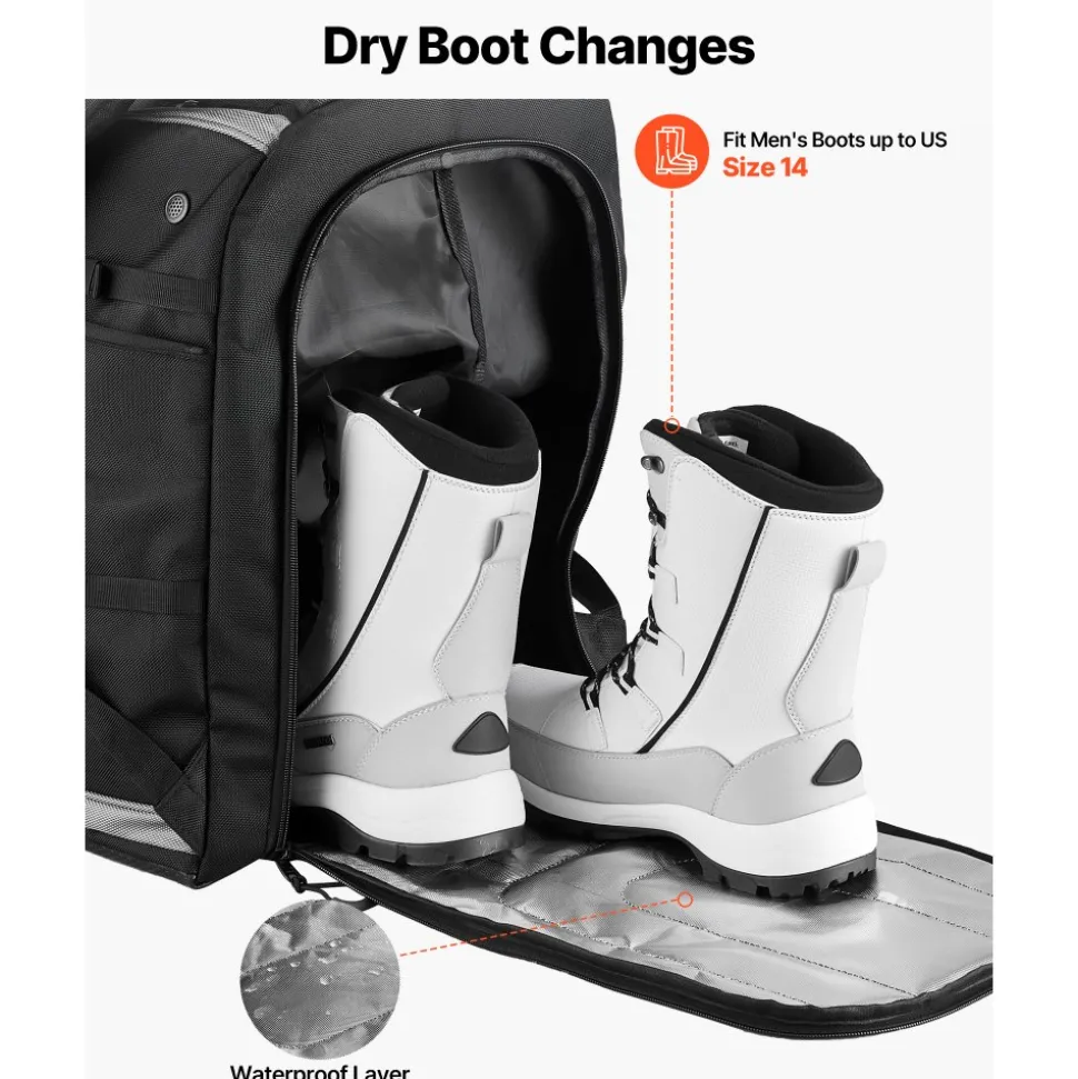 VEVOR Ski Boot Bag, 65L, Snowboard Boots Travel Backpack for Men Women, with Waterproof Exterior & Bottom, Durable 1680D Oxford, Bag for Skis, Snowboard, Helmet, Goggles, Gloves, Accessories (Black).
