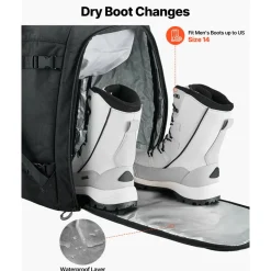 VEVOR Ski Boot Bag, 55L, Snowboard Boots Travel Backpack for Men Women, with Waterproof Exterior & Bottom, Durable 1680D Oxford, Bag for Skis, Snowboard, Helmet, Goggles, Gloves, Accessories (Black)