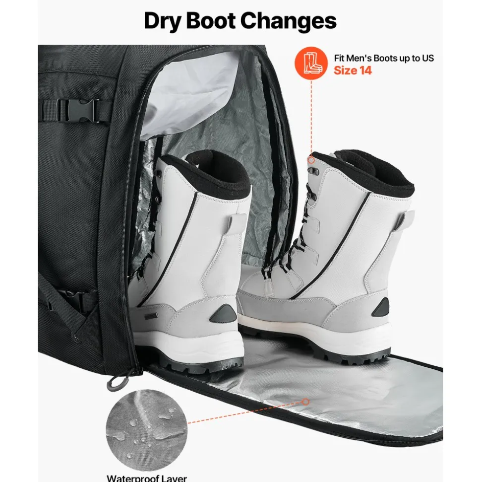 VEVOR Ski Boot Bag, 55L, Snowboard Boots Travel Backpack for Men Women, with Waterproof Exterior & Bottom, Durable 1680D Oxford, Bag for Skis, Snowboard, Helmet, Goggles, Gloves, Accessories (Black)