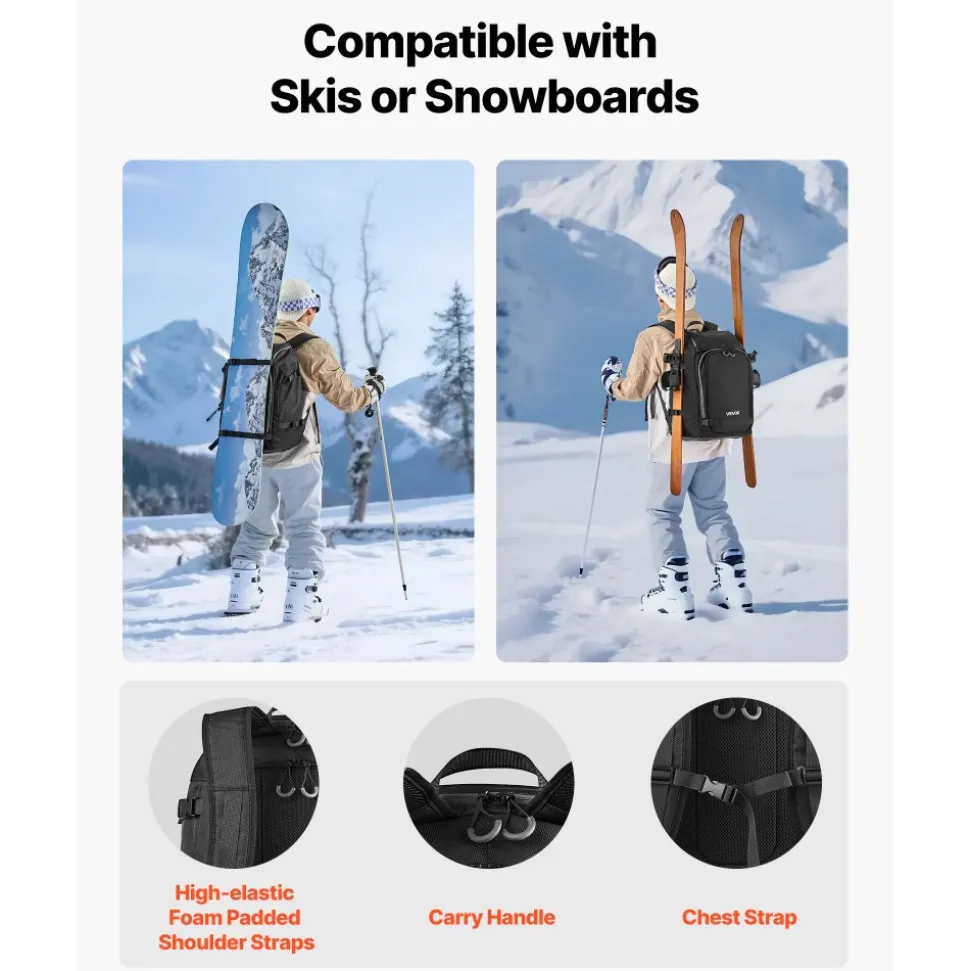 VEVOR Ski Boot Bag, 55L, Snowboard Boots Travel Backpack for Men Women, with Waterproof Exterior & Bottom, Durable 1680D Oxford, Bag for Skis, Snowboard, Helmet, Goggles, Gloves, Accessories (Black)