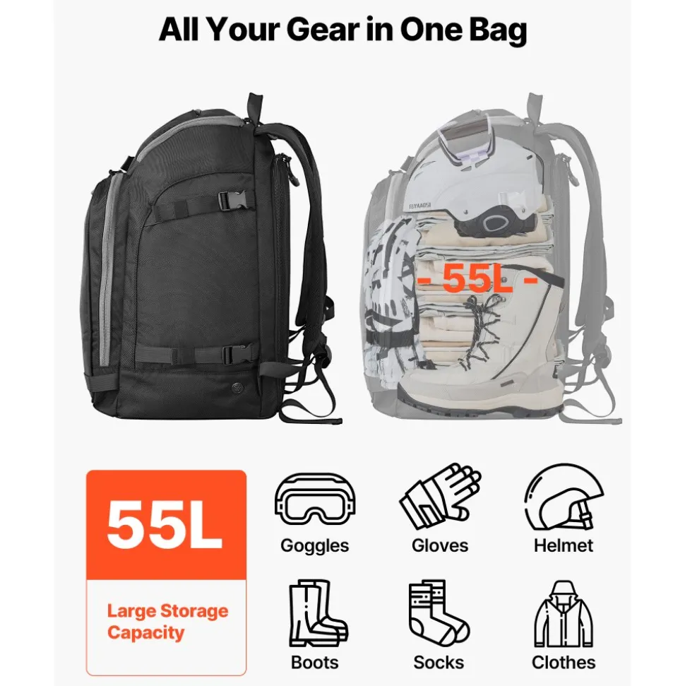 VEVOR Ski Boot Bag, 55L, Snowboard Boots Travel Backpack for Men Women, with Waterproof Exterior & Bottom, Durable 1680D Oxford, Bag for Skis, Snowboard, Helmet, Goggles, Gloves, Accessories (Black)