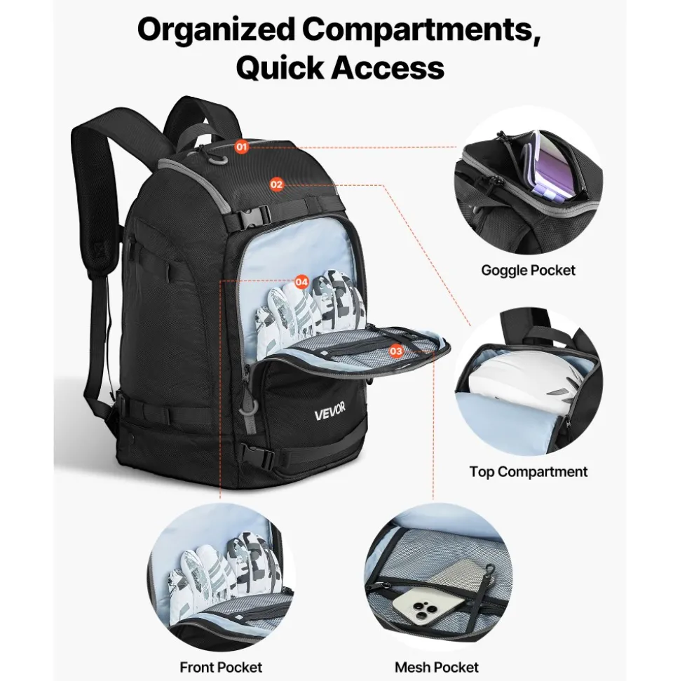 VEVOR Ski Boot Bag, 55L, Snowboard Boots Travel Backpack for Men Women, with Waterproof Exterior & Bottom, Durable 1680D Oxford, Bag for Skis, Snowboard, Helmet, Goggles, Gloves, Accessories (Black)