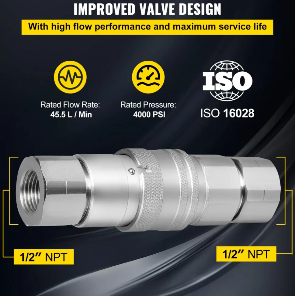 VEVOR Skid Steer Hydraulic Quick Connect 1/2" Body Hydraulic Coupler 1/2" NPT Hydraulic Coupling Quick Connect 2 Pairs Hydraulic Quick Coupler 27.6 MPa (ISO 16028) (12 Pairs)