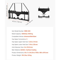 VEVOR Skid Steer Pallet Fork Frame, 4000 lbs Rated Capacity, 45-inch Pallet Fork Frame Attachments with 2-inch Hitch Receiver & Spear Sleeves, Fit for Quick Attach Tractor Loaders, Frame Only