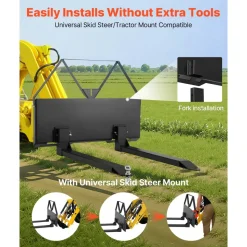 VEVOR Skid Steer Pallet Forks, 2600 lbs Rated Capacity, Pallet Fork Frame Attachment with 48-inch Pallet Forks Blades, 1-7/8 inch Ball Hitch Receiver, Quick Tach Connection for Skid Steers, Tractors