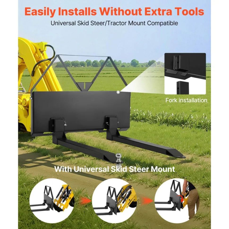 VEVOR Skid Steer Pallet Forks, 2600 lbs Rated Capacity, Pallet Fork Frame Attachment with 48-inch Pallet Forks Blades, 1-7/8 inch Ball Hitch Receiver, Quick Tach Connection for Skid Steers, Tractors