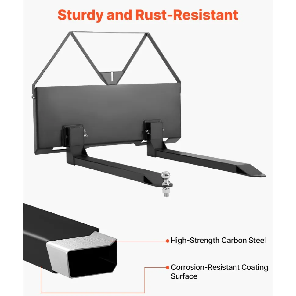 VEVOR Skid Steer Pallet Forks, 2600 lbs Rated Capacity, Pallet Fork Frame Attachment with 48-inch Pallet Forks Blades, 1-7/8 inch Ball Hitch Receiver, Quick Tach Connection for Skid Steers, Tractors