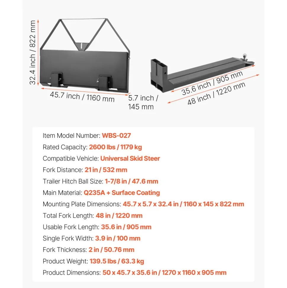 VEVOR Skid Steer Pallet Forks, 2600 lbs Rated Capacity, Pallet Fork Frame Attachment with 48-inch Pallet Forks Blades, 1-7/8 inch Ball Hitch Receiver, Quick Tach Connection for Skid Steers, Tractors