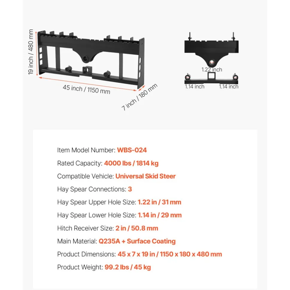 VEVOR Skid Steer Pallet Frame, 4000 lbs Rated Load Capacity, 45-inch Pallet Fork Frame Attachments with 2-inch Hitch Receiver & Spear Sleeves, Fit for Loaders Tractors Quick Attach Mount, Frame Only