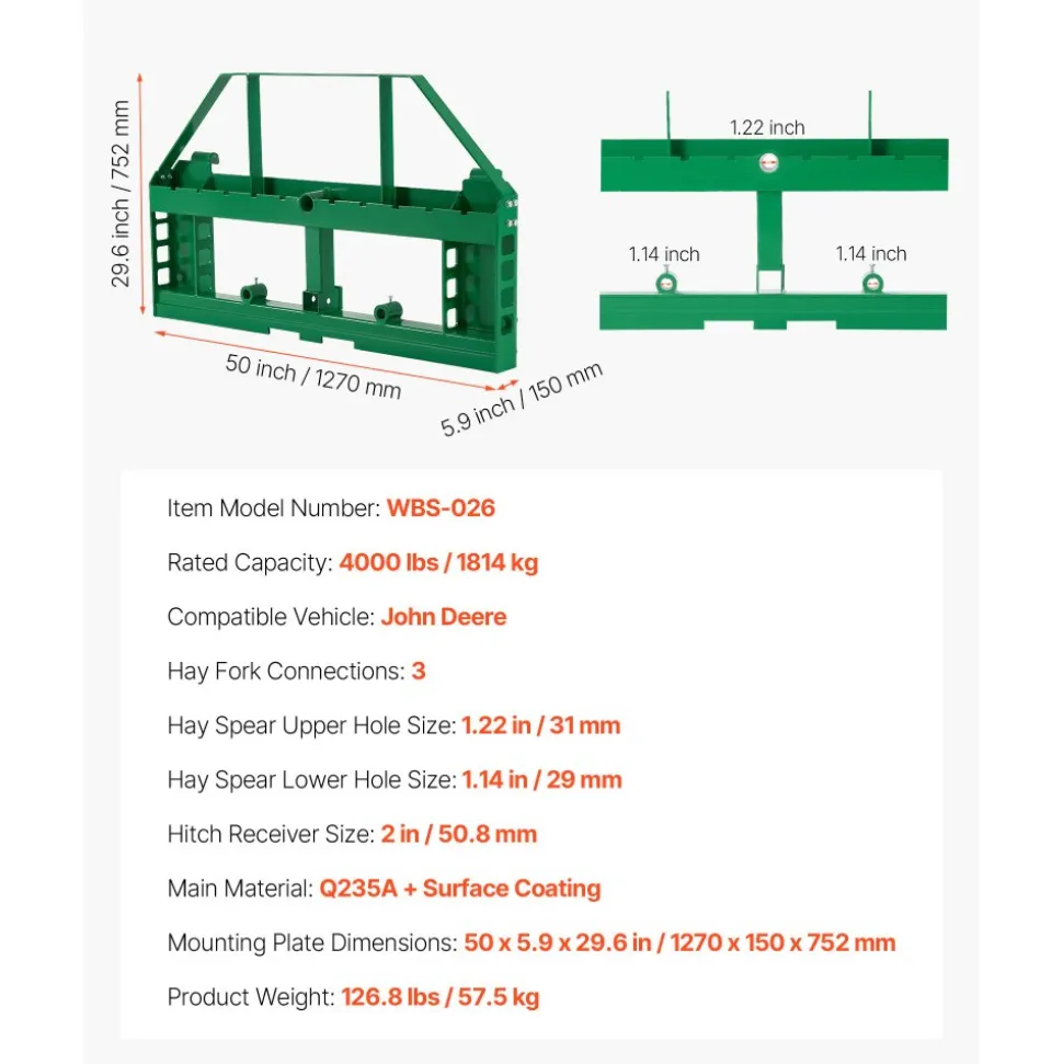 VEVOR Skid Steer Pallet Frame, 4000 lbs Rated Load Capacity, 45-inch Pallet Fork Frame Attachments with 2-inch Hitch Receiver & Spear Sleeves, Fit for John Deere Loaders Quick Attach Mount, Frame Only