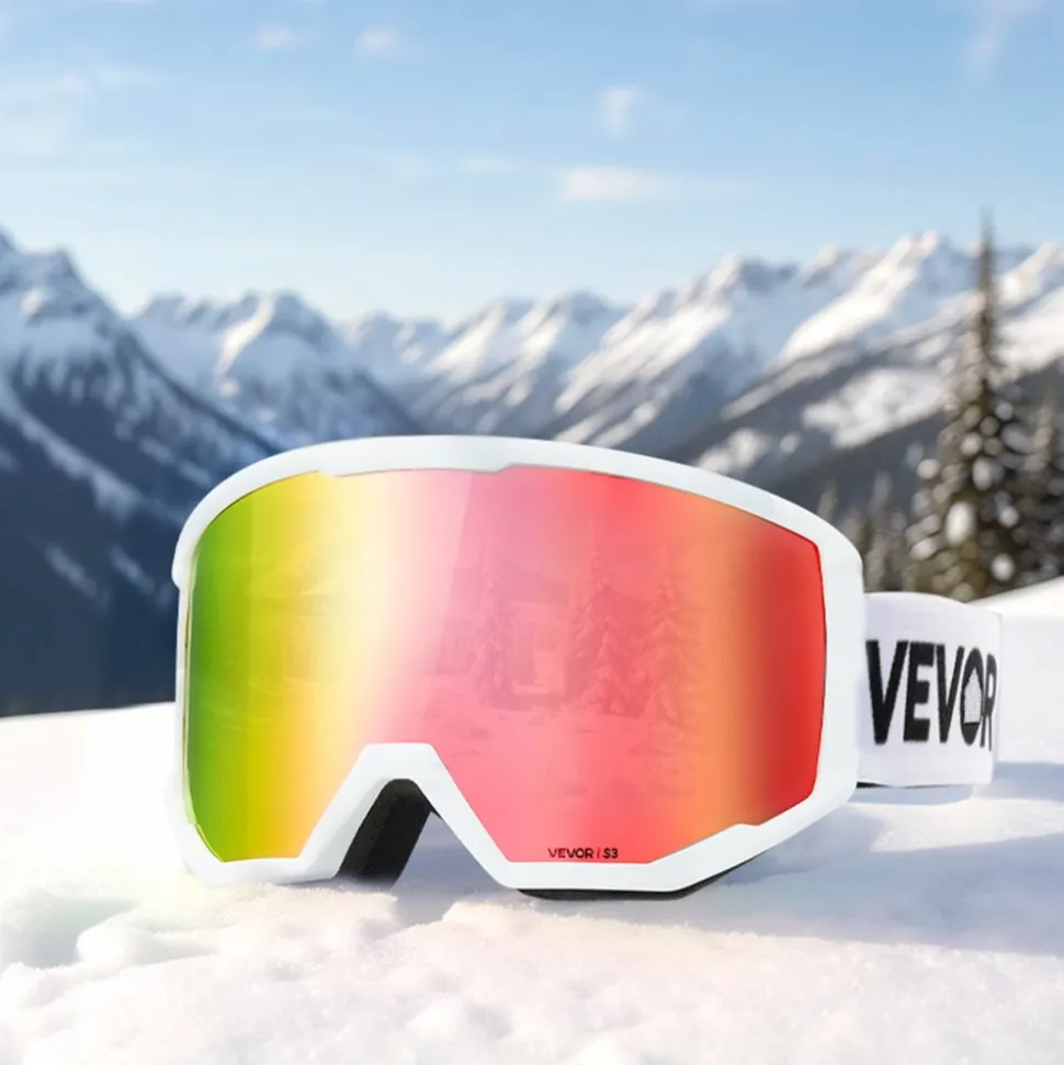 VEVOR Ski Goggles, Cylindrical Lens with Pink Revo Coating, OTG Anti fog Snow Goggles for Men Women Youth, TPU Frame & Ventilation Structure, Suitable for Skiing, Skating, Snowboarding, Cycling