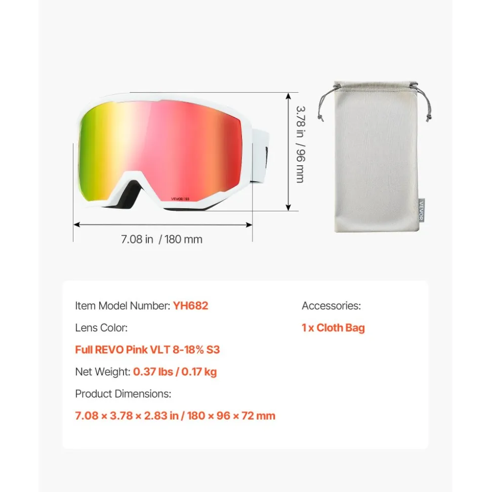 VEVOR Ski Goggles, Cylindrical Lens with Pink Revo Coating, OTG Anti fog Snow Goggles for Men Women Youth, TPU Frame & Ventilation Structure, Suitable for Skiing, Skating, Snowboarding, Cycling