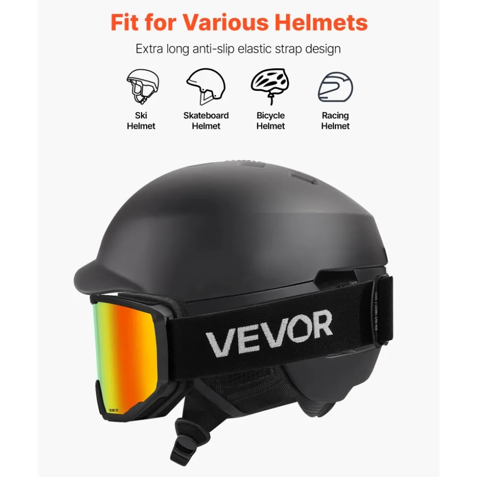 VEVOR Ski Goggles, Cylindrical Lens with Orange Revo Coating, OTG Anti fog Snow Goggles for Men Women Youth, TPU Frame & Ventilation Structure, Suitable for Skiing, Skating, Snowboarding, Cycling