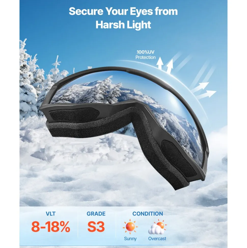 VEVOR Ski Goggles, Cylindrical Lens with Orange Revo Coating, OTG Anti fog Snow Goggles for Men Women Youth, TPU Frame & Ventilation Structure, Suitable for Skiing, Skating, Snowboarding, Cycling