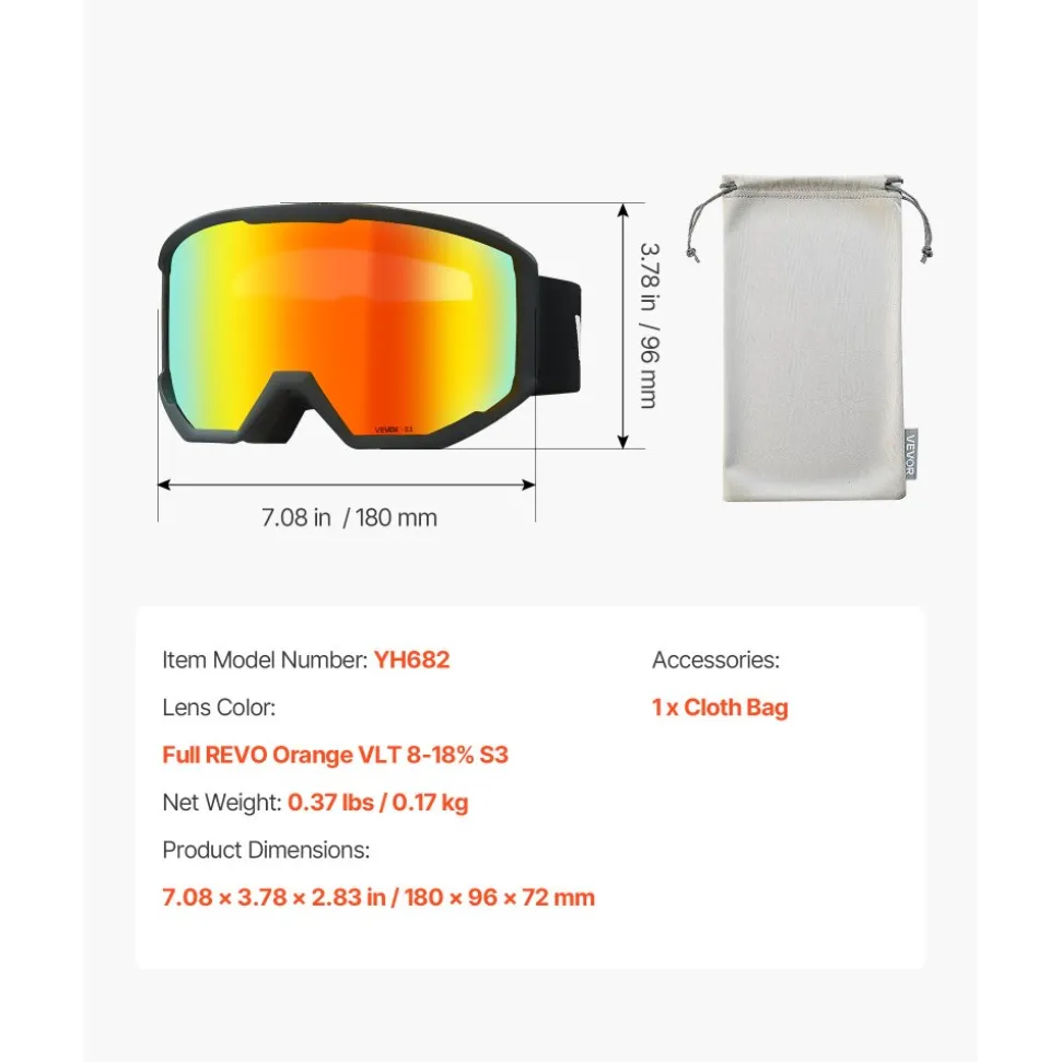 VEVOR Ski Goggles, Cylindrical Lens with Orange Revo Coating, OTG Anti fog Snow Goggles for Men Women Youth, TPU Frame & Ventilation Structure, Suitable for Skiing, Skating, Snowboarding, Cycling