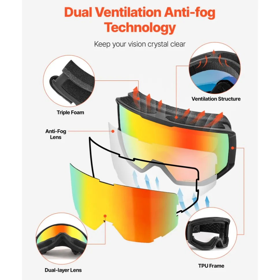 VEVOR Ski Goggles, Cylindrical Lens with Orange Revo Coating, OTG Anti fog Snow Goggles for Men Women Youth, TPU Frame & Ventilation Structure, Suitable for Skiing, Skating, Snowboarding, Cycling