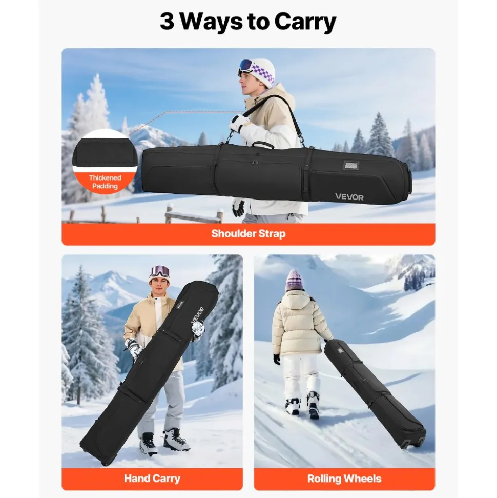 VEVOR Ski Roller Bag, Up to 74.8 in/190 cm, Padded Snowboard Bag with Wheels for Air Travel, 600D Waterproof Oxford Fabric, with Adjustable Straps, for Skis Poles Goggles Gloves Helmet Boots (Black)