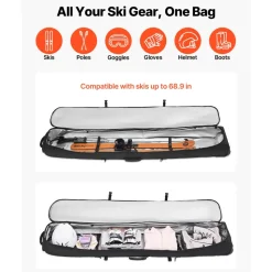 VEVOR Ski Roller Bag, Up to 74.8 in/190 cm, Padded Snowboard Bag with Wheels for Air Travel, 600D Waterproof Oxford Fabric, with Adjustable Straps, for Skis Poles Goggles Gloves Helmet Boots (Black)
