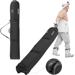 VEVOR Ski Roller Bag, Up to 74.8 in/190 cm, Padded Snowboard Bag with Wheels for Air Travel, 600D Waterproof Oxford Fabric, with Adjustable Straps, for Skis Poles Goggles Gloves Helmet Boots (Black)