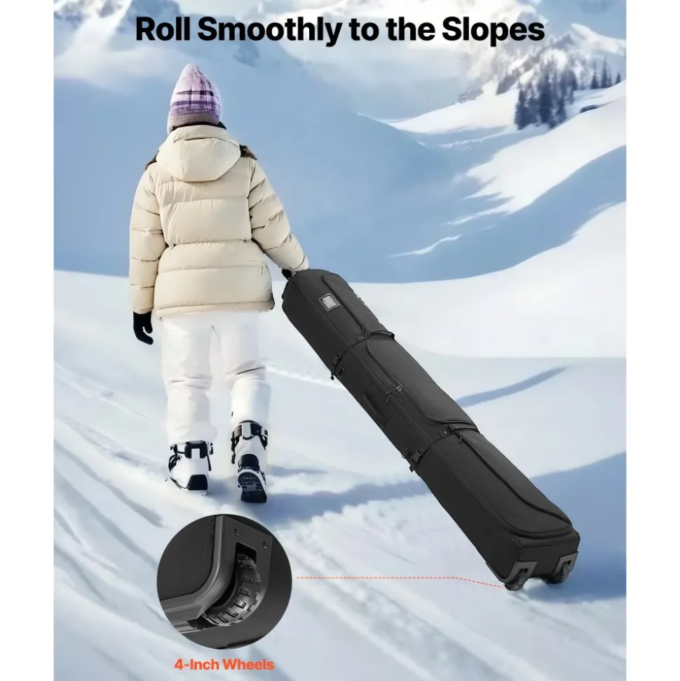 VEVOR Ski Roller Bag, Up to 74.8 in/190 cm, Padded Snowboard Bag with Wheels for Air Travel, 600D Waterproof Oxford Fabric, with Adjustable Straps, for Skis Poles Goggles Gloves Helmet Boots (Black)