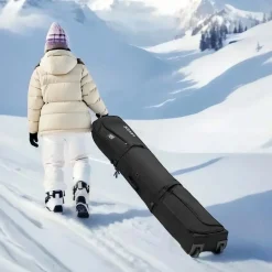 VEVOR Ski Roller Bag, Up to 68.9 in/175 cm, Padded Snowboard Bag with Wheels for Air Travel, 600D Waterproof Oxford Fabric, with Adjustable Straps, for Skis Poles Goggles Gloves Helmet Boots (Black)