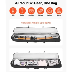 VEVOR Ski Roller Bag, Up to 68.9 in/175 cm, Padded Snowboard Bag with Wheels for Air Travel, 600D Waterproof Oxford Fabric, with Adjustable Straps, for Skis Poles Goggles Gloves Helmet Boots (Black)