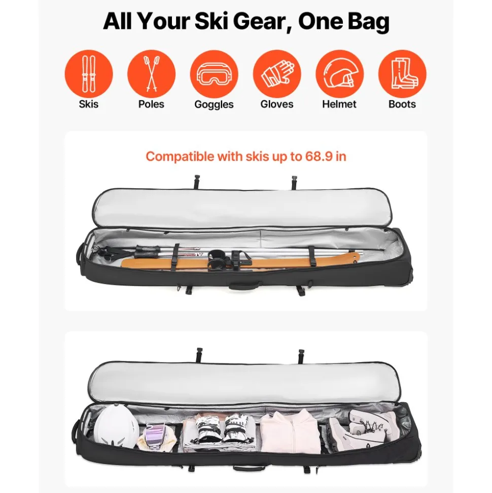 VEVOR Ski Roller Bag, Up to 68.9 in/175 cm, Padded Snowboard Bag with Wheels for Air Travel, 600D Waterproof Oxford Fabric, with Adjustable Straps, for Skis Poles Goggles Gloves Helmet Boots (Black)