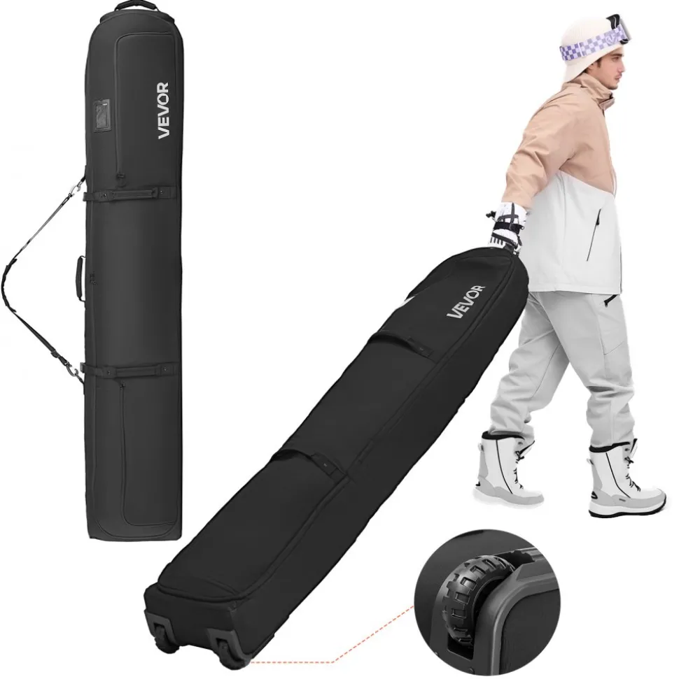 VEVOR Ski Roller Bag, Up to 68.9 in/175 cm, Padded Snowboard Bag with Wheels for Air Travel, 600D Waterproof Oxford Fabric, with Adjustable Straps, for Skis Poles Goggles Gloves Helmet Boots (Black)