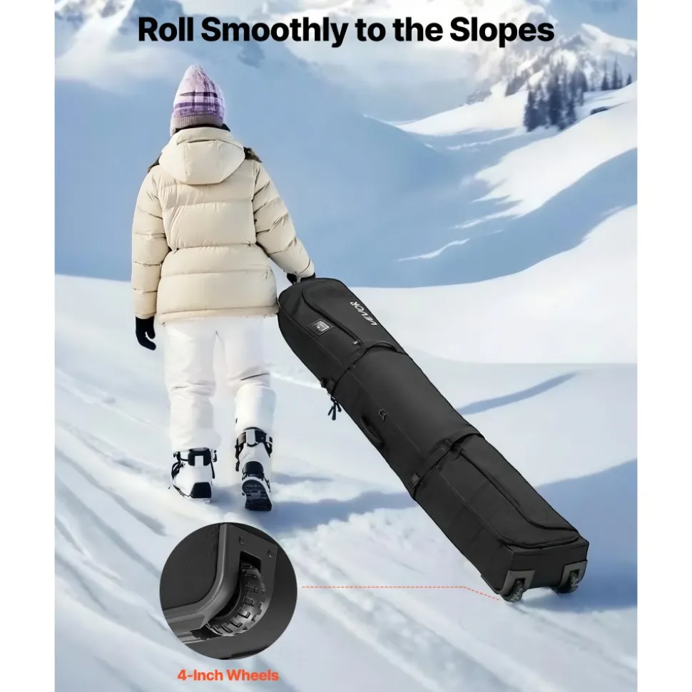 VEVOR Ski Roller Bag, Up to 68.9 in/175 cm, Padded Snowboard Bag with Wheels for Air Travel, 600D Waterproof Oxford Fabric, with Adjustable Straps, for Skis Poles Goggles Gloves Helmet Boots (Black)