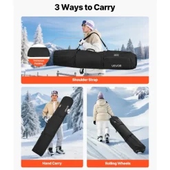 VEVOR Ski Roller Bag, Up to 68.9 in/175 cm, Padded Snowboard Bag with Wheels for Air Travel, 600D Waterproof Oxford Fabric, with Adjustable Straps, for Skis Poles Goggles Gloves Helmet Boots (Black)