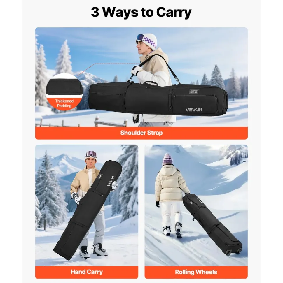 VEVOR Ski Roller Bag, Up to 68.9 in/175 cm, Padded Snowboard Bag with Wheels for Air Travel, 600D Waterproof Oxford Fabric, with Adjustable Straps, for Skis Poles Goggles Gloves Helmet Boots (Black)