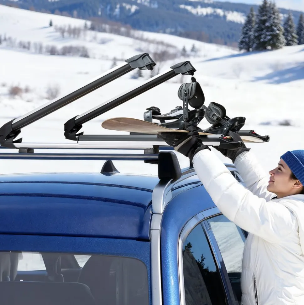 VEVOR Ski & Snowboard Roof Rack, Carry up to 6 Pairs of Skis or 4 Snowboards, 2 PCS Aluminum Universal Car Roof Rack Top Holder with Lock & Rubber Padding for Fishing Rod, Fit Most Slotted Crossbars