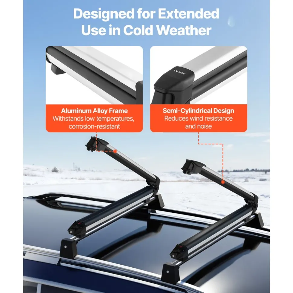 VEVOR Ski & Snowboard Roof Rack, Carry up to 6 Pairs of Skis or 4 Snowboards, 2 PCS Aluminum Universal Car Roof Rack Top Holder with Lock & Rubber Padding for Fishing Rod, Fit Most Slotted Crossbars