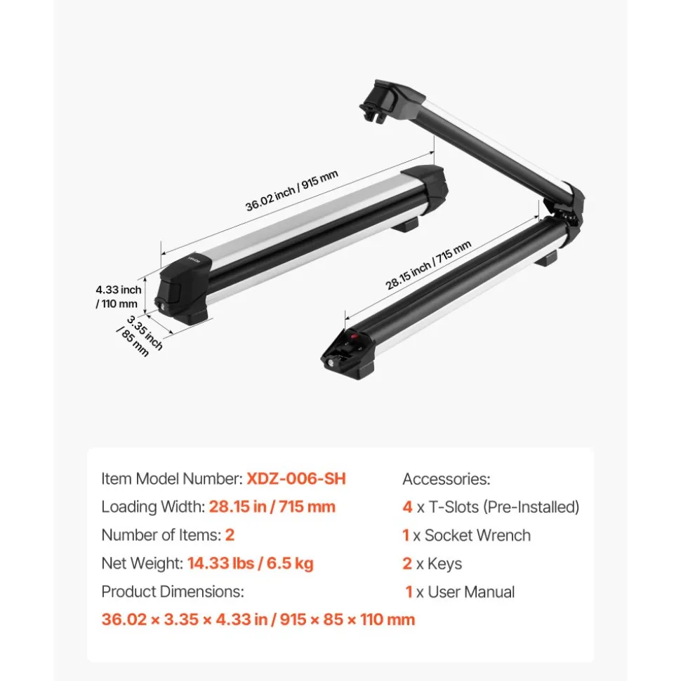 VEVOR Ski & Snowboard Roof Rack, Carry up to 6 Pairs of Skis or 4 Snowboards, 2 PCS Aluminum Universal Car Roof Rack Top Holder with Lock & Rubber Padding for Fishing Rod, Fit Most Slotted Crossbars