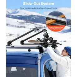 VEVOR Ski & Snowboard Roof Rack, Carry up to 6 Pairs of Skis or 4 Snowboards, 2 PCS Aluminum Universal Car Roof Rack Top Holder with Lock & Rubber Padding for Fishing Rod, Fit Most Slotted Crossbars