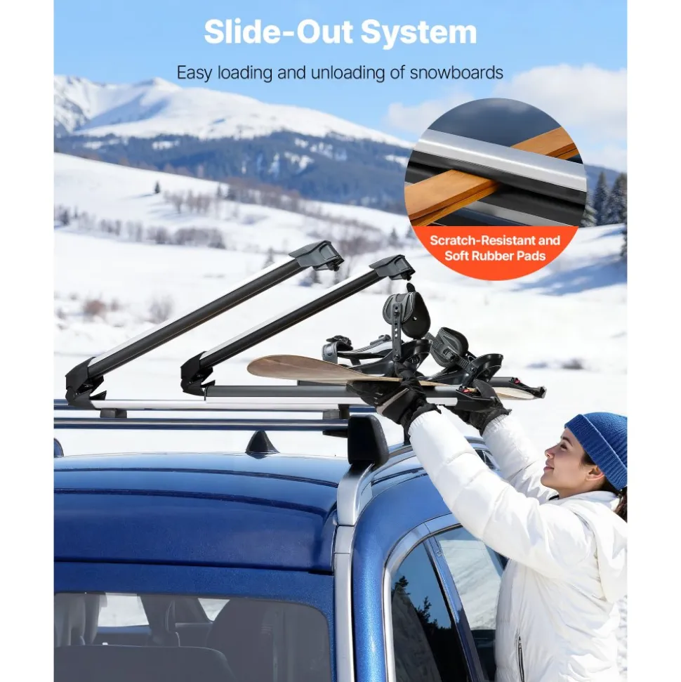 VEVOR Ski & Snowboard Roof Rack, Carry up to 6 Pairs of Skis or 4 Snowboards, 2 PCS Aluminum Universal Car Roof Rack Top Holder with Lock & Rubber Padding for Fishing Rod, Fit Most Slotted Crossbars