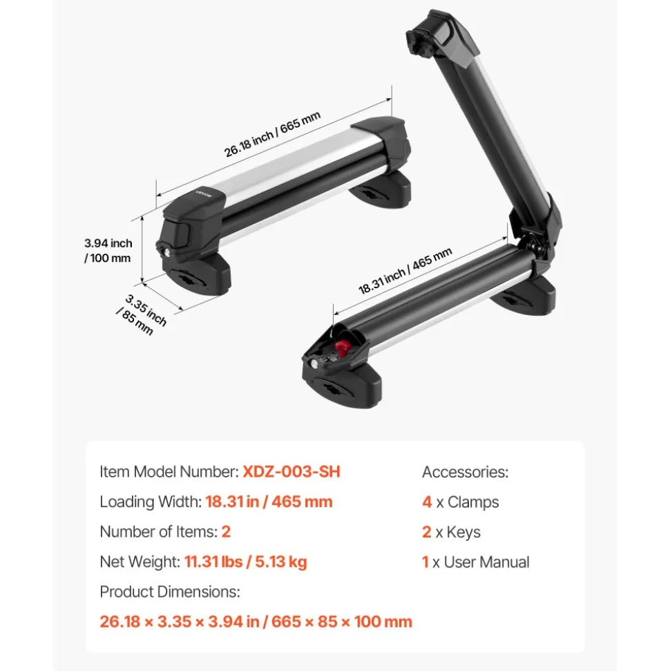 VEVOR Ski & Snowboard Roof Rack, Carry up to 4 Pairs of Skis or 2 Snowboards, 2 PCS Aluminum Universal Car Roof Rack Top Holder with Lock & Rubber Padding, Carrier for Fishing Rod, Fit Most Crossbars