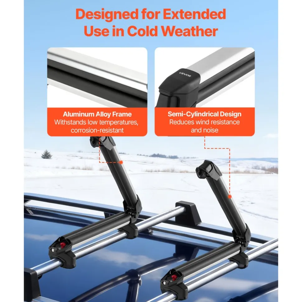 VEVOR Ski & Snowboard Roof Rack, Carry up to 4 Pairs of Skis or 2 Snowboards, 2 PCS Aluminum Universal Car Roof Rack Top Holder with Lock & Rubber Padding, Carrier for Fishing Rod, Fit Most Crossbars