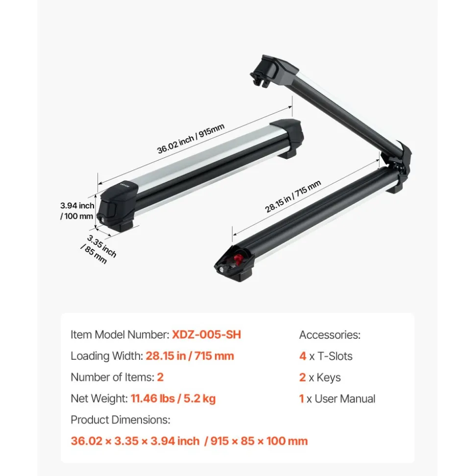 VEVOR Ski & Snowboard Roof Rack, Carry up to 6 Pairs of Skis or 4 Snowboards, 2 PCS Aluminum Universal Car Roof Rack with Lock & Rubber Padding, Carrier for Fishing Rod, Fit Most Slotted Crossbars