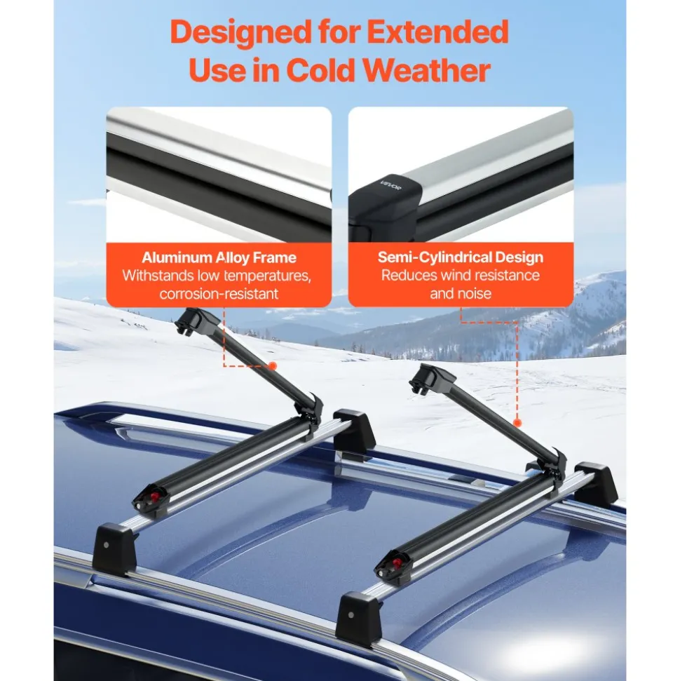 VEVOR Ski & Snowboard Roof Rack, Carry up to 6 Pairs of Skis or 4 Snowboards, 2 PCS Aluminum Universal Car Roof Rack with Lock & Rubber Padding, Carrier for Fishing Rod, Fit Most Slotted Crossbars