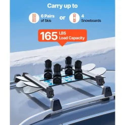 VEVOR Ski & Snowboard Roof Rack, Carry up to 6 Pairs of Skis or 4 Snowboards, 2 PCS Aluminum Universal Car Roof Rack with Lock & Rubber Padding, Carrier for Fishing Rod, Fit Most Slotted Crossbars