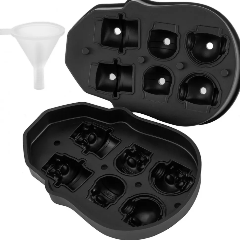 VEVOR Skull Ice Cube Tray, 6-Grid Skull Ice Ball Maker, Flexible Black Silicone Ice Tray with Lid & Funnel, Skull Ice Cubes in 3 Distinct Patterns for Beverages & Chocolates on Parties & Holidays