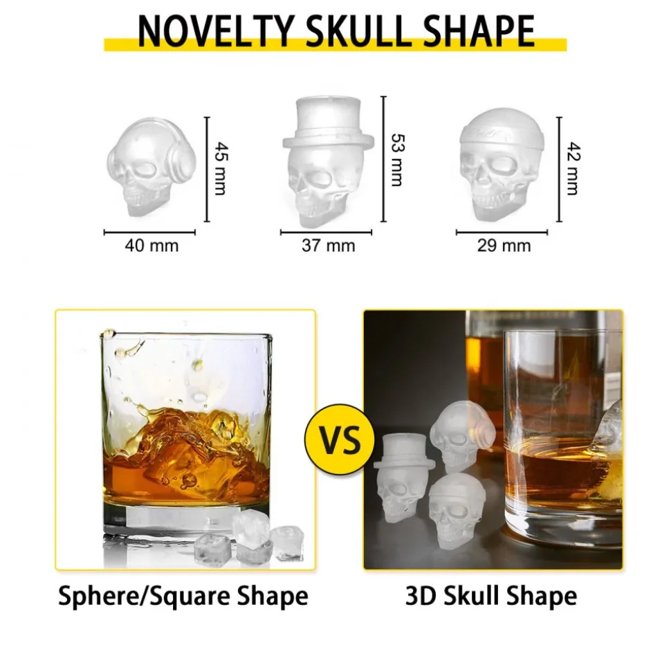 VEVOR Skull Ice Cube Tray, 6-Grid Skull Ice Ball Maker, Flexible Black Silicone Ice Tray with Lid & Funnel, Skull Ice Cubes in 3 Distinct Patterns for Beverages & Chocolates on Parties & Holidays