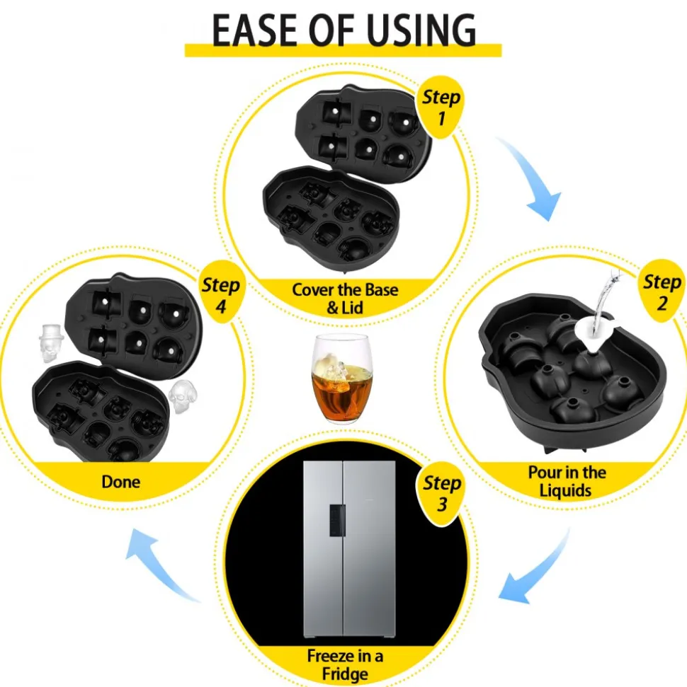 VEVOR Skull Ice Cube Tray, 6-Grid Skull Ice Ball Maker, Flexible Black Silicone Ice Tray with Lid & Funnel, Skull Ice Cubes in 3 Distinct Patterns for Beverages & Chocolates on Parties & Holidays