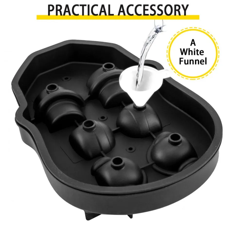VEVOR Skull Ice Cube Tray, 6-Grid Skull Ice Ball Maker, Flexible Black Silicone Ice Tray with Lid & Funnel, Skull Ice Cubes in 3 Distinct Patterns for Beverages & Chocolates on Parties & Holidays